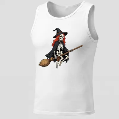 Cartoon style skeleton witch flying on a broom with Halloween colors. — printed on a tank top