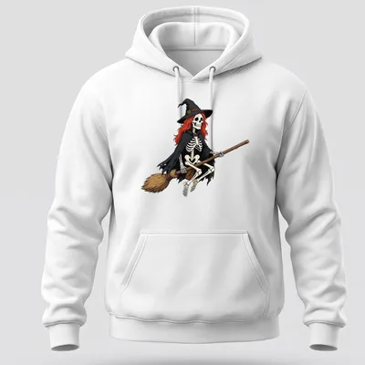 Cartoon style skeleton witch flying on a broom with Halloween colors. — printed on a unisex hoodie