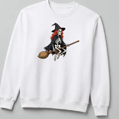 Cartoon style skeleton witch flying on a broom with Halloween colors. — printed on a unisex sweatshirt