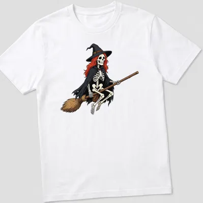 Cartoon style skeleton witch flying on a broom with Halloween colors.