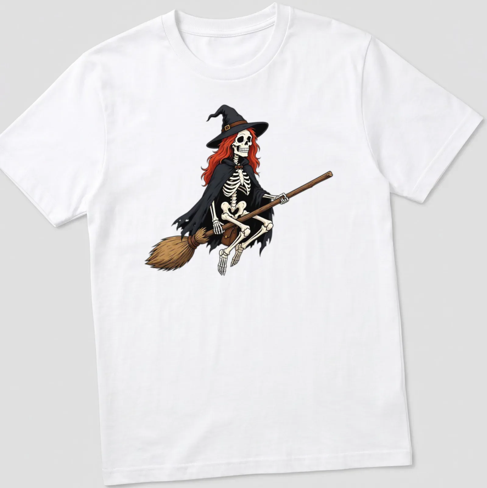 Cartoon style skeleton witch flying on a broom with Halloween colors. — printed on a unisex t-shirt