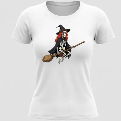 Cartoon style skeleton witch flying on a broom with Halloween colors. — printed on a women's shirt