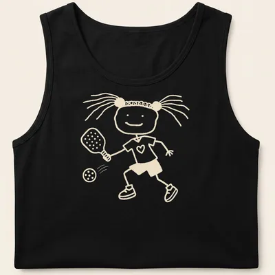 Stick figure girl playing pickleball in simple line-art with beige and white colors. — printed on a tank top