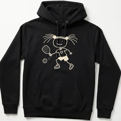 Stick figure girl playing pickleball in simple line-art with beige and white colors. — printed on a unisex hoodie