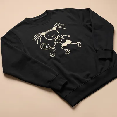 Stick figure girl playing pickleball in simple line-art with beige and white colors. — printed on a unisex sweatshirt