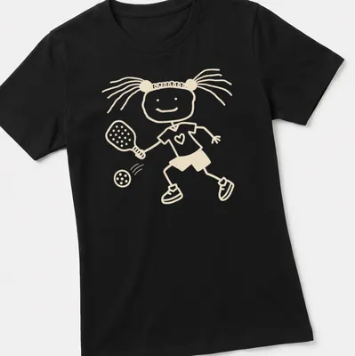 Stick figure girl playing pickleball in simple line-art with beige and white colors. — printed on a women's shirt