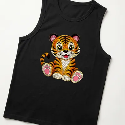 Colorful dot art of a cute tiger in orange, black, pink, white, and yellow — printed on a tank top