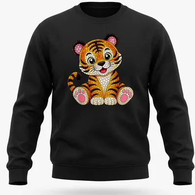 Colorful dot art of a cute tiger in orange, black, pink, white, and yellow — printed on a unisex sweatshirt