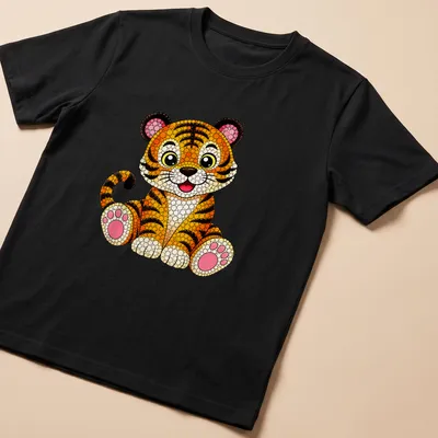 Colorful dot art of a cute tiger in orange, black, pink, white, and yellow