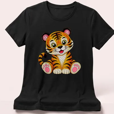 Colorful dot art of a cute tiger in orange, black, pink, white, and yellow — printed on a women's shirt