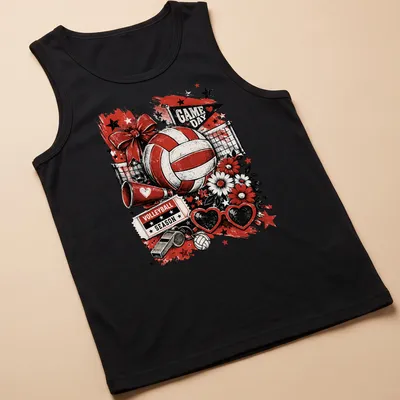 Vintage distressed design with volleyball graphics and bold text for game day. — printed on a tank top