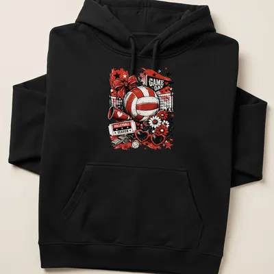 Vintage distressed design with volleyball graphics and bold text for game day. — printed on a unisex hoodie
