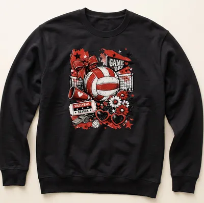 Vintage distressed design with volleyball graphics and bold text for game day. — printed on a unisex sweatshirt