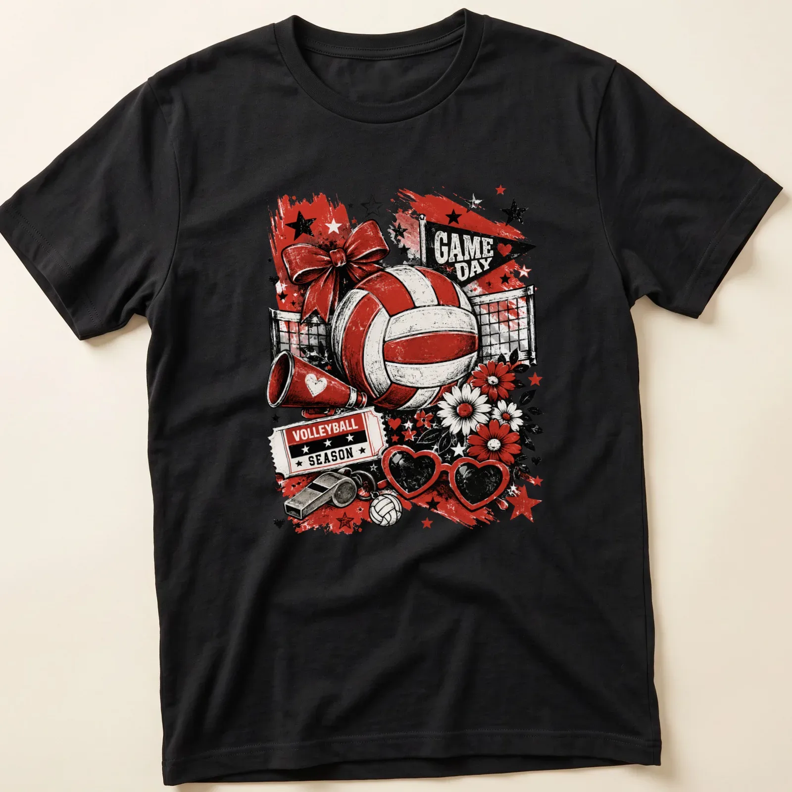 Vintage distressed design with volleyball graphics and bold text for game day. — printed on a unisex t-shirt