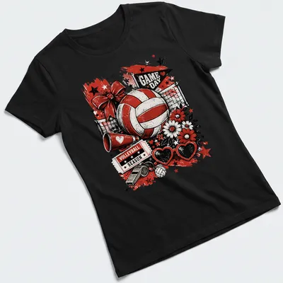 Vintage distressed design with volleyball graphics and bold text for game day. — printed on a women's shirt