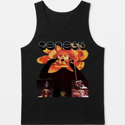 Vintage psychedelic t-shirt featuring Genesis logo and a singer with a floral headpiece — printed on a tank top