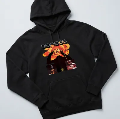Vintage psychedelic t-shirt featuring Genesis logo and a singer with a floral headpiece — printed on a unisex hoodie