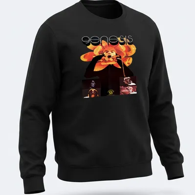 Vintage psychedelic t-shirt featuring Genesis logo and a singer with a floral headpiece — printed on a unisex sweatshirt