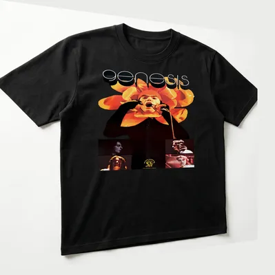 Vintage psychedelic t-shirt featuring Genesis logo and a singer with a floral headpiece — printed on a unisex t-shirt (angled view)