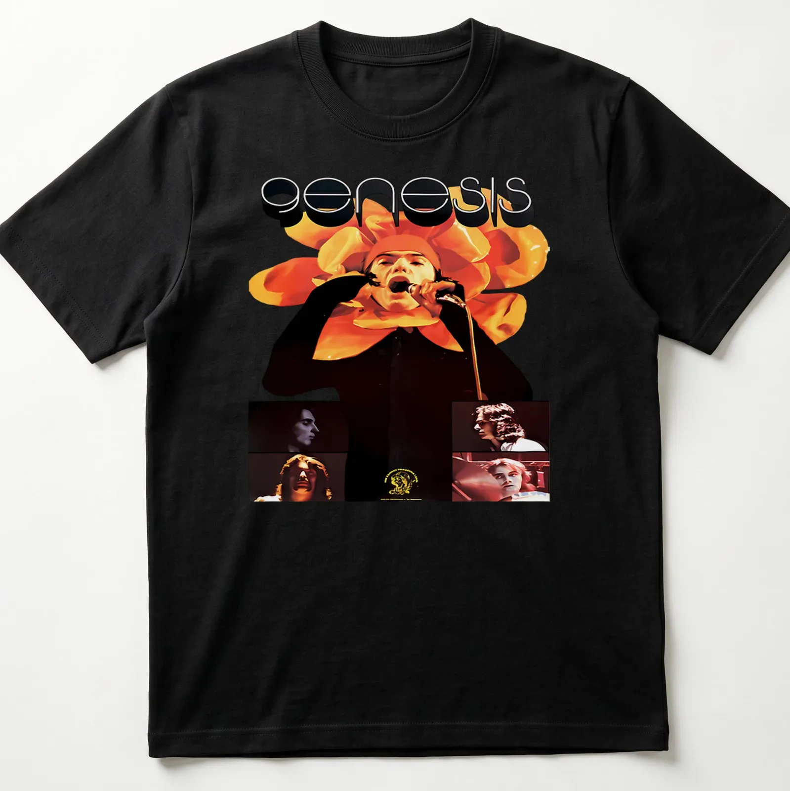 Vintage psychedelic t-shirt featuring Genesis logo and a singer with a floral headpiece — printed on a unisex t-shirt