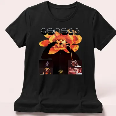 Vintage psychedelic t-shirt featuring Genesis logo and a singer with a floral headpiece — printed on a women's shirt