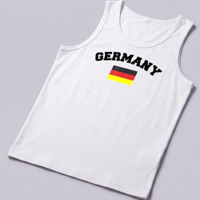 Bold typography T-shirt with Germany flag colors: black, red, yellow — printed on a tank top