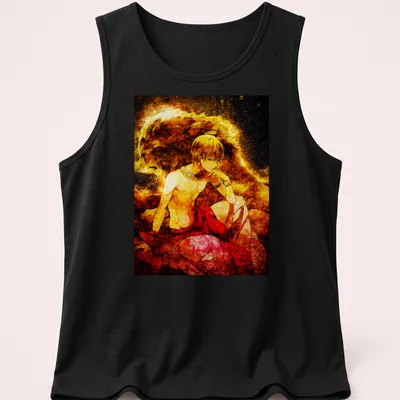Vibrant fantasy print of Gilgamesh with lion aura in gold, red, and black — printed on a tank top