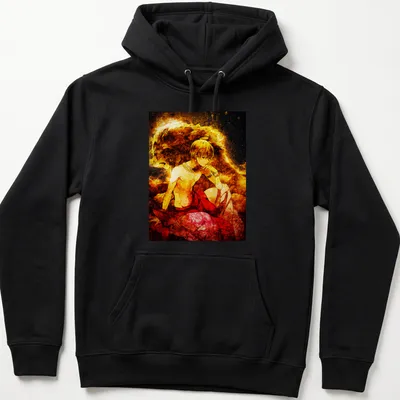 Vibrant fantasy print of Gilgamesh with lion aura in gold, red, and black — printed on a unisex hoodie