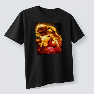 Vibrant fantasy print of Gilgamesh with lion aura in gold, red, and black — printed on a unisex t-shirt (angled view)