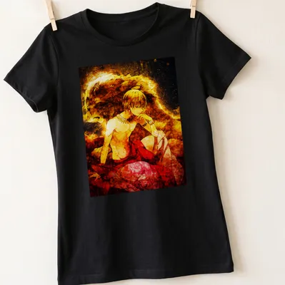 Vibrant fantasy print of Gilgamesh with lion aura in gold, red, and black — printed on a women's shirt