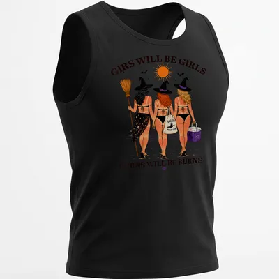 Colorful cartoon of three witches at the beach with playful text — printed on a tank top
