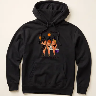 Colorful cartoon of three witches at the beach with playful text — printed on a unisex hoodie
