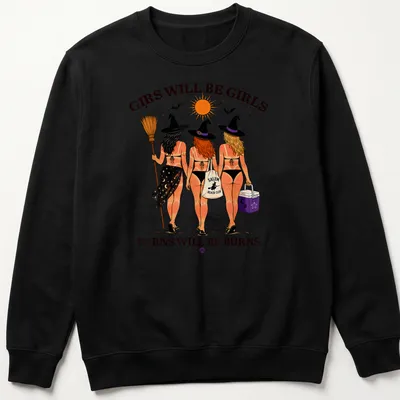Colorful cartoon of three witches at the beach with playful text — printed on a unisex sweatshirt