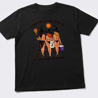 Colorful cartoon of three witches at the beach with playful text