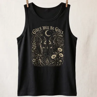 Vintage illustration of four witches with the text 'Girls Will Be Girls' in gold, white, and black — printed on a tank top