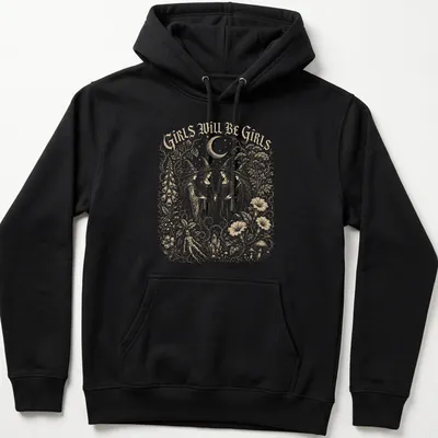 Vintage illustration of four witches with the text 'Girls Will Be Girls' in gold, white, and black — printed on a unisex hoodie