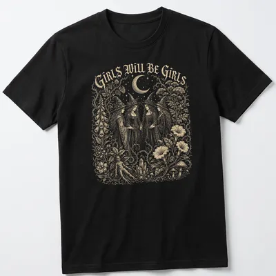 Vintage illustration of four witches with the text 'Girls Will Be Girls' in gold, white, and black