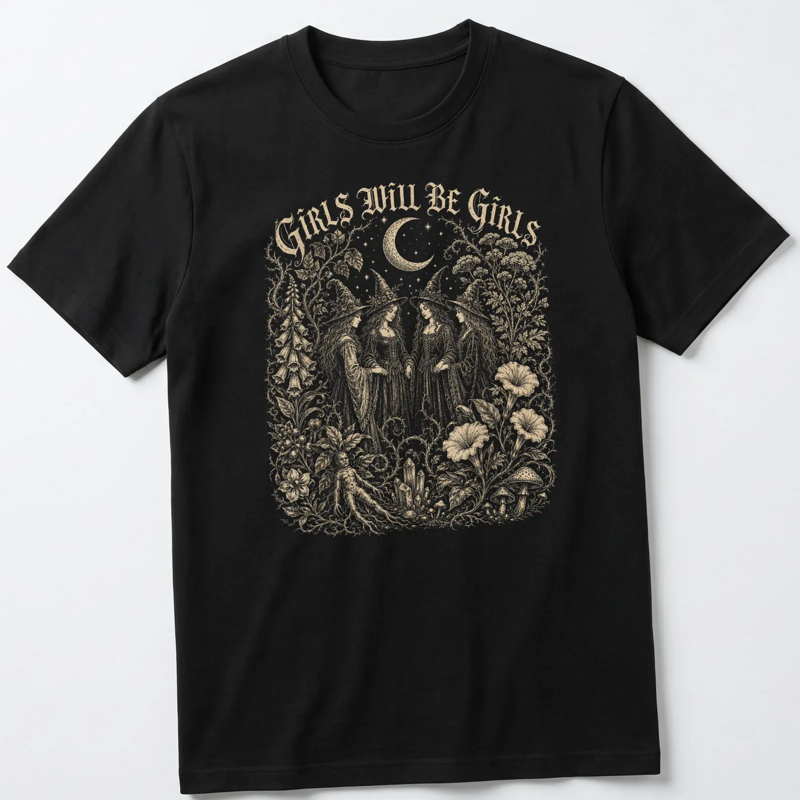 Vintage illustration of four witches with the text 'Girls Will Be Girls' in gold, white, and black — printed on a unisex t-shirt