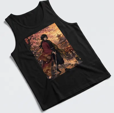 Anime-inspired t-shirt featuring Giyu Tomioka against a sunset with colors pink, orange, and green — printed on a tank top