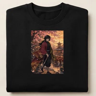 Anime-inspired t-shirt featuring Giyu Tomioka against a sunset with colors pink, orange, and green — printed on a unisex sweatshirt