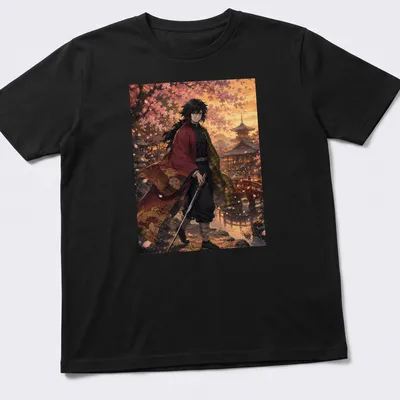 Anime-inspired t-shirt featuring Giyu Tomioka against a sunset with colors pink, orange, and green