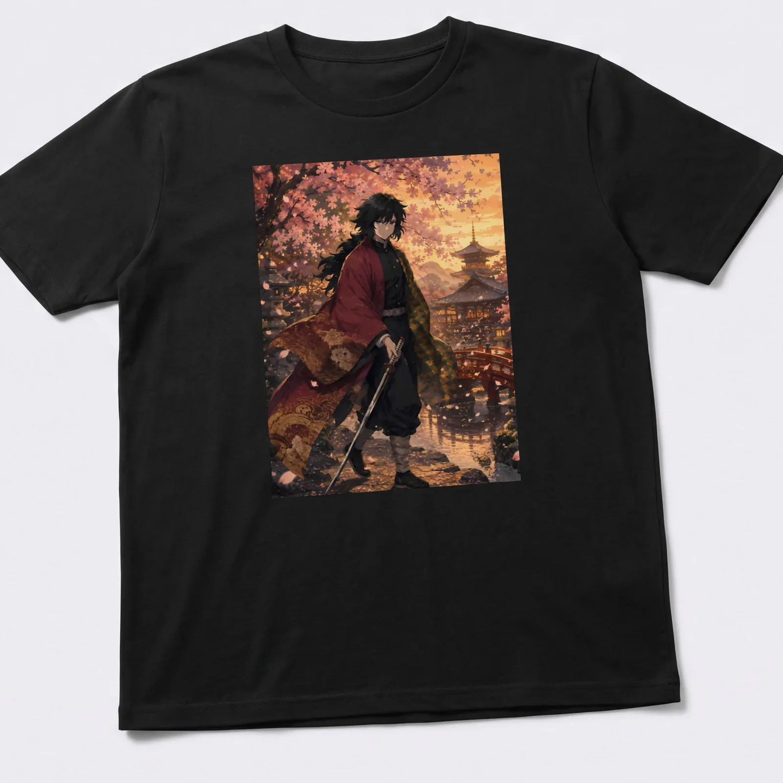 Anime-inspired t-shirt featuring Giyu Tomioka against a sunset with colors pink, orange, and green — printed on a unisex t-shirt