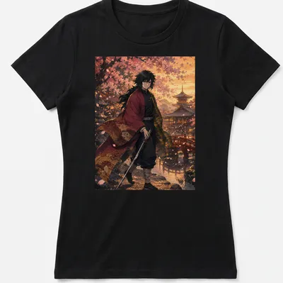 Anime-inspired t-shirt featuring Giyu Tomioka against a sunset with colors pink, orange, and green — printed on a women's shirt