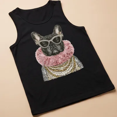 Illustration of a glam French Bulldog with sunglasses and pearl necklace in pink, gold, and black — printed on a tank top