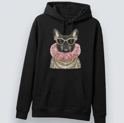 Illustration of a glam French Bulldog with sunglasses and pearl necklace in pink, gold, and black — printed on a unisex hoodie