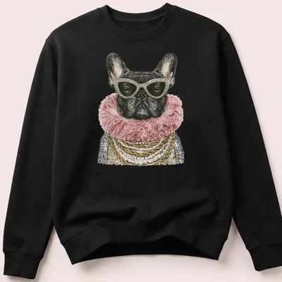 Illustration of a glam French Bulldog with sunglasses and pearl necklace in pink, gold, and black — printed on a unisex sweatshirt