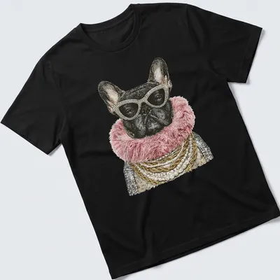 Illustration of a glam French Bulldog with sunglasses and pearl necklace in pink, gold, and black