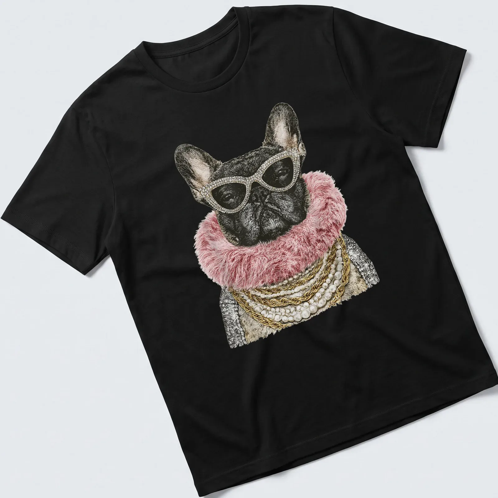 Illustration of a glam French Bulldog with sunglasses and pearl necklace in pink, gold, and black — printed on a unisex t-shirt