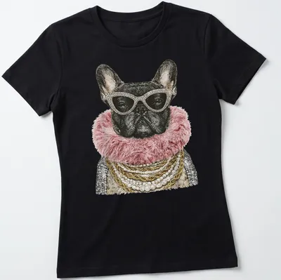 Illustration of a glam French Bulldog with sunglasses and pearl necklace in pink, gold, and black — printed on a women's shirt