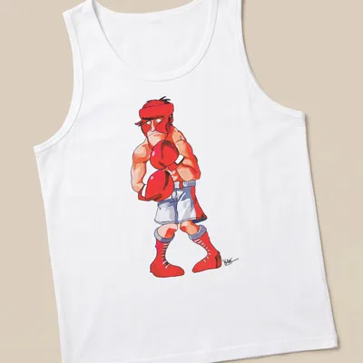 Cartoon boxing character Glass Joe with red gloves, in bright colors. — printed on a tank top